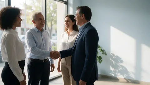 Four smiling professionals in a modern office, two men shaking hands while others watch, natural light from window