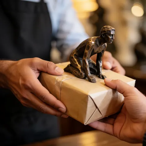 Hands holding a bronze sculpture over a wrapped box with a warm blurred background