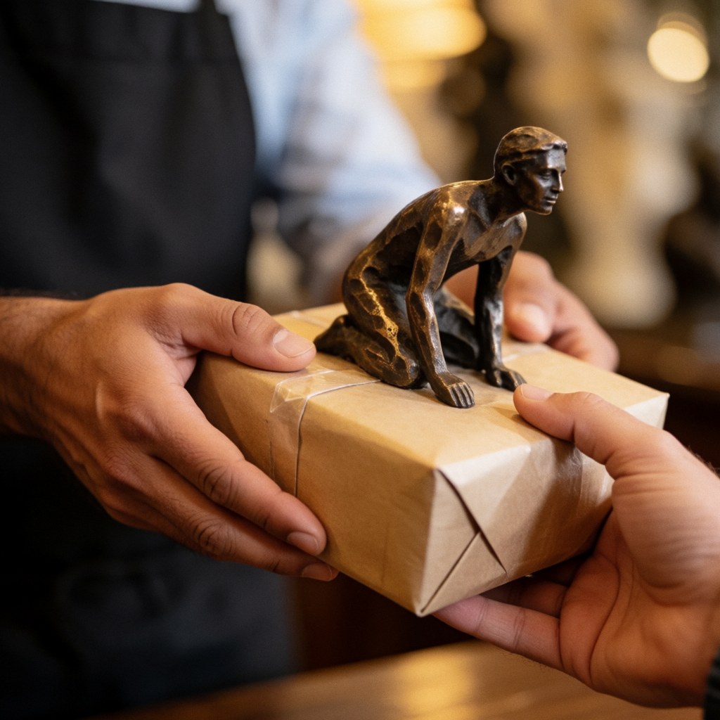 Hands holding a bronze sculpture over a wrapped box with a warm blurred background