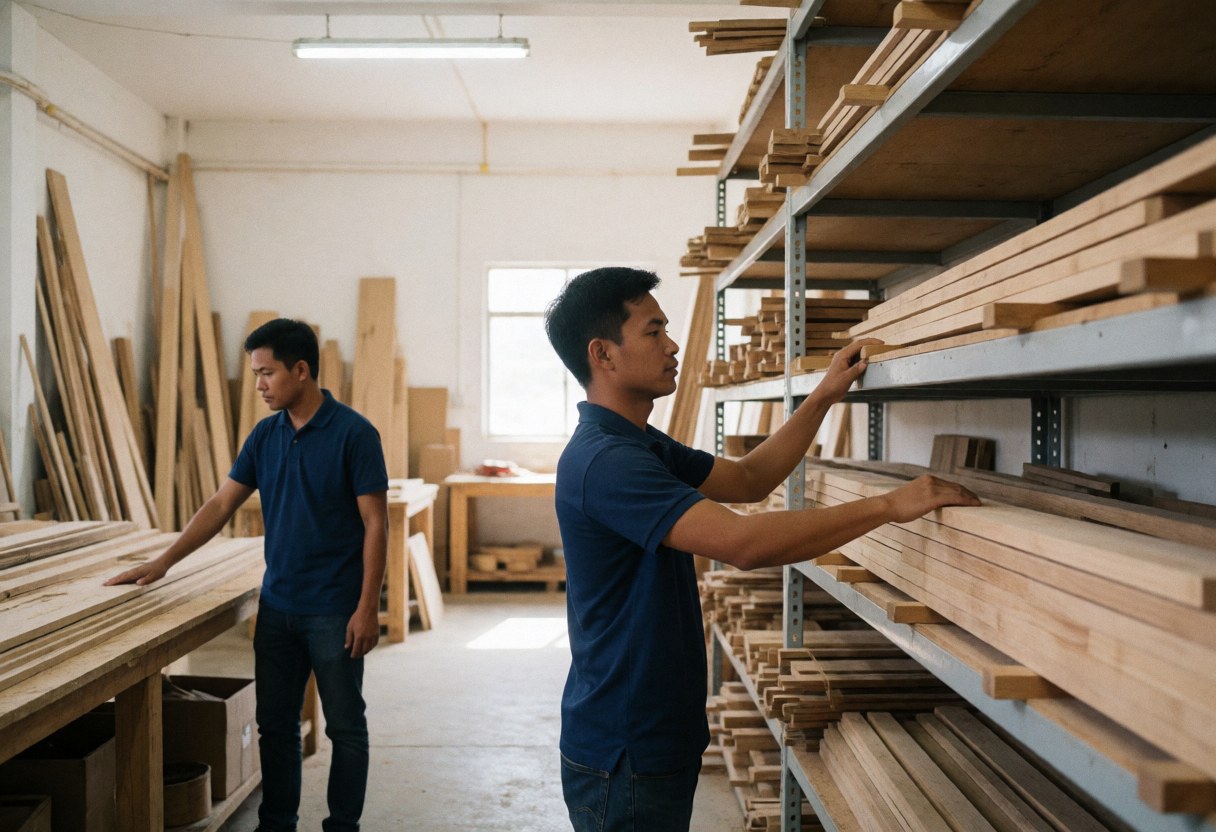 Two men organizing wooden planks on metal shelves in a well-lit workshop with a professional and tidy atmosphere