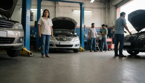 A woman standing in an auto repair shop with several cars with hoods open and mechanics working around her.