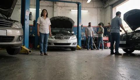 A woman standing in an auto repair shop with several cars with hoods open and mechanics working around her.
