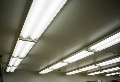 Fluorescent lights on warehouse ceiling, illuminating industrial workspace with bright tubes.