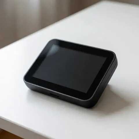 Black smart thermostat on a white table in a modern and minimalist setting.