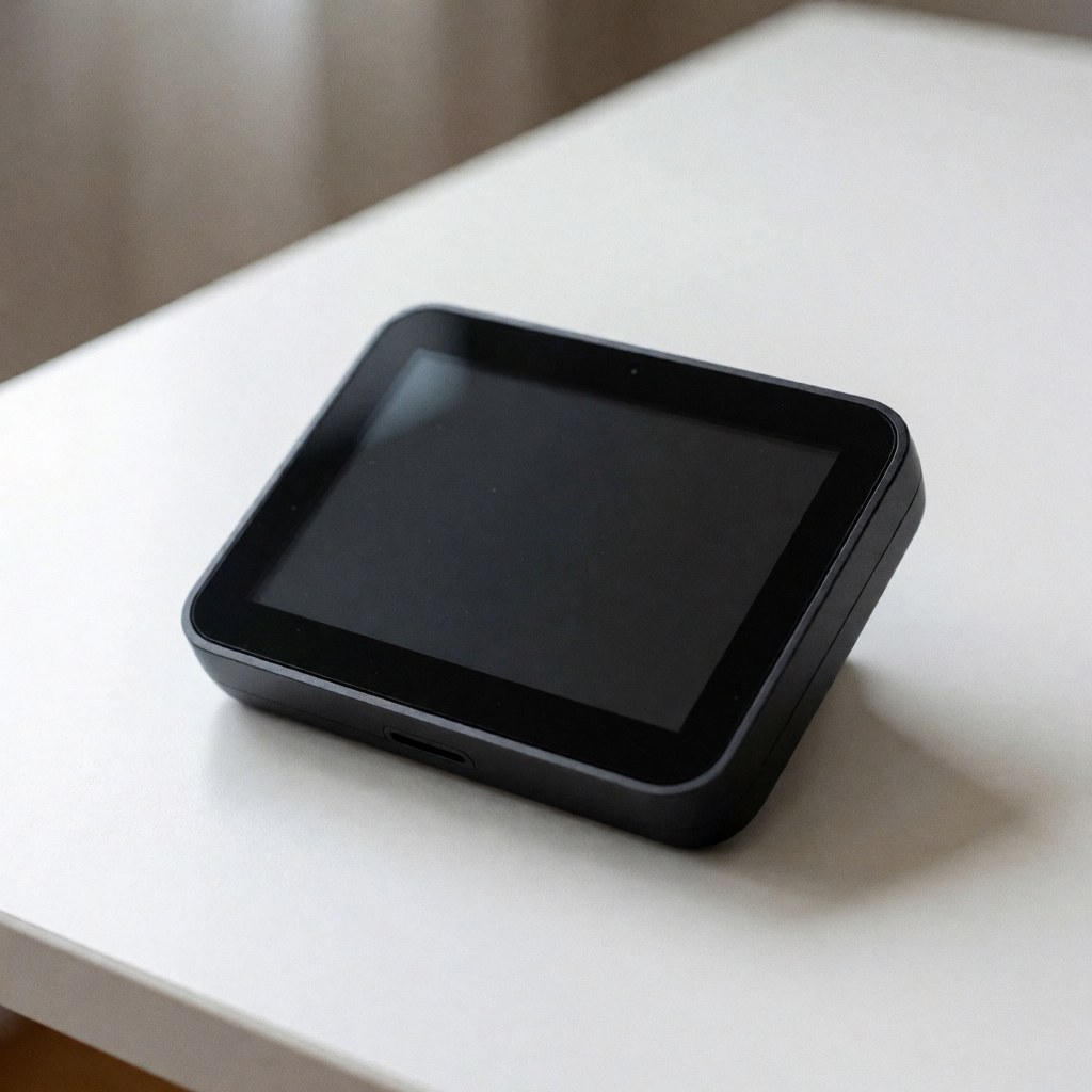 Black smart thermostat on a white table in a modern and minimalist setting.
