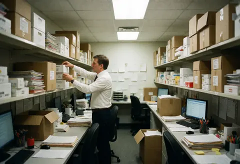 A man organizing boxes and documents in an office with shelves full of files and computers.