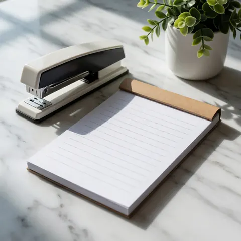 A marble desk with a notepad, a stapler, and a plant in a white pot.