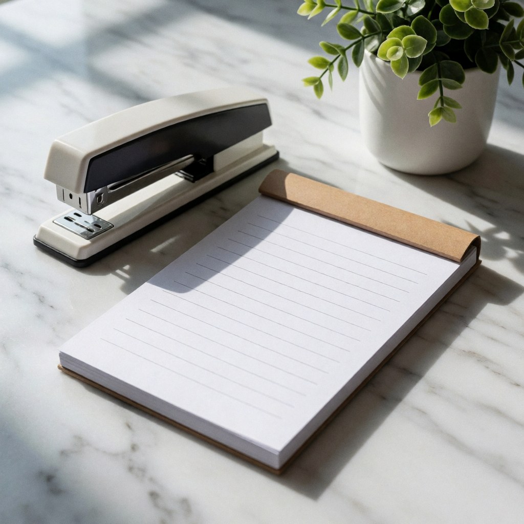A marble desk with a notepad, a stapler, and a plant in a white pot.