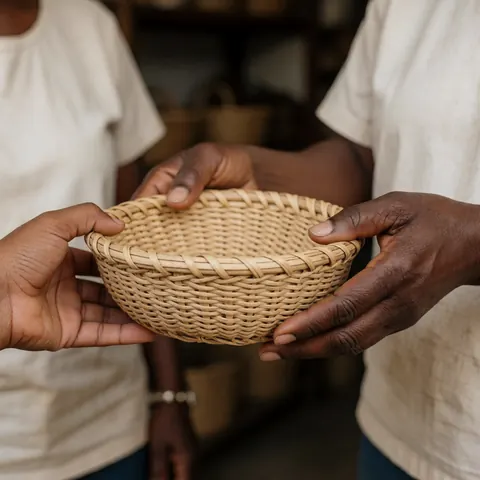 Two people handing over a woven basket made of wicker in a community setting.