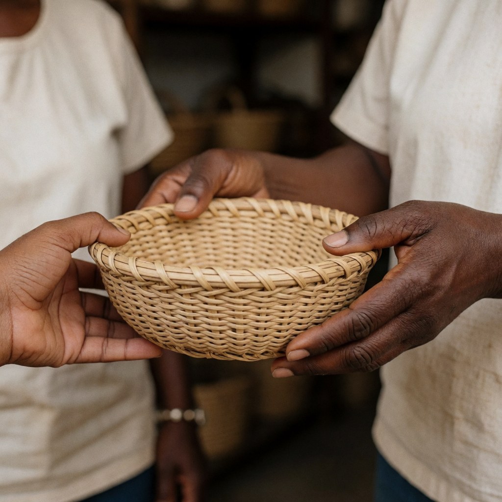 Two people handing over a woven basket made of wicker in a community setting.