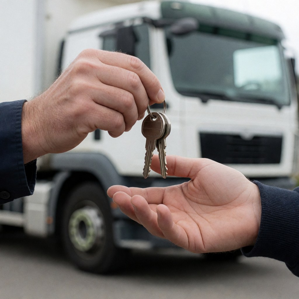 One hand hands over truck keys to another hand, with a white truck in the background.