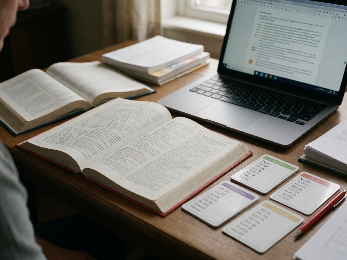 Open language books, verb flashcards, laptop, and red pen on a wooden desk