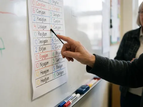 Adult hand pointing to a conjugation table on a whiteboard with markers at the base in a bright classroom