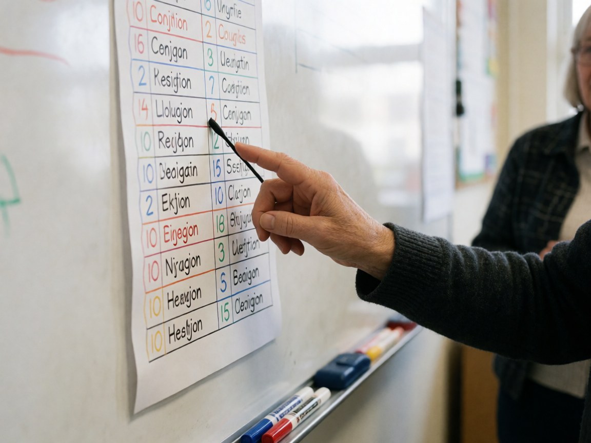Adult hand pointing to a conjugation table on a whiteboard with markers at the base in a bright classroom