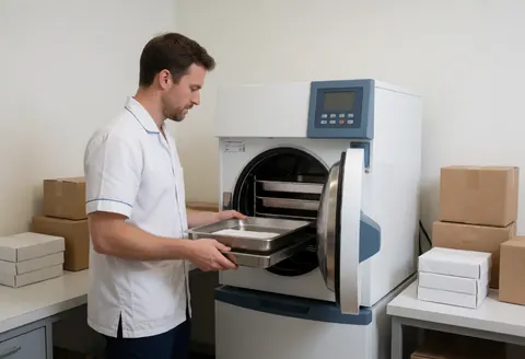 Technician loading tray into autoclave in clinic, with instrument boxes nearby.