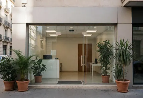 Facade of an office with reception, glass doors, and large potted plants.