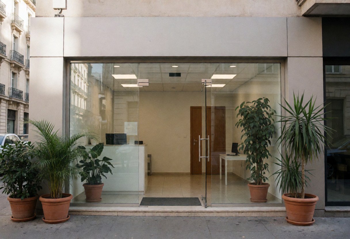 Facade of an office with reception, glass doors, and large potted plants.