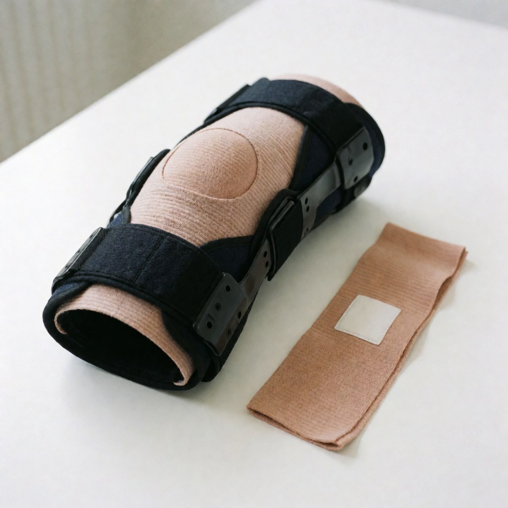 Black knee brace and pink recovery bandage on a white table for physical rehabilitation.