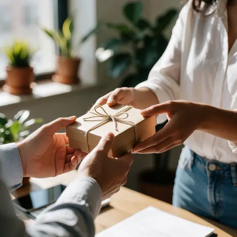 A person hands a gift box tied with twine to another person in an office with plants and natural light.