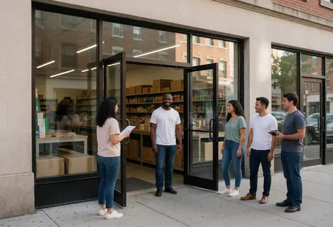 A group of people gathers at the entrance of a hardware store, one woman holds a tablet and speaks to the others.