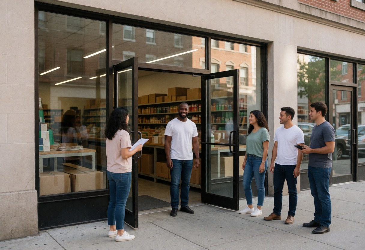 A group of people gathers at the entrance of a hardware store, one woman holds a tablet and speaks to the others.