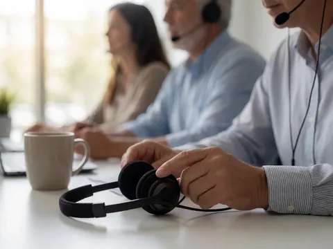 Customer service agents with headsets and coffee at a work desk, one adjusting his headset.