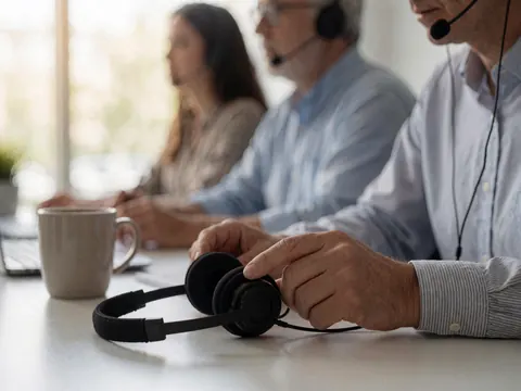 Customer service agents with headsets and coffee at a work desk, one adjusting his headset.