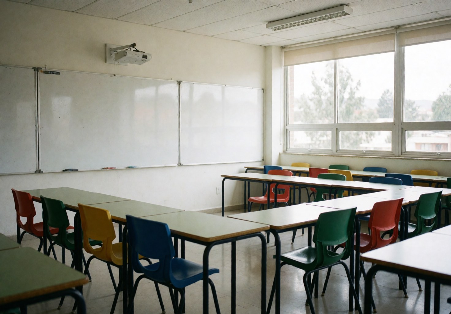 Empty language school classroom featuring colorful chairs, a whiteboard, and large windows with natural light creating a clean and welcoming learning environment