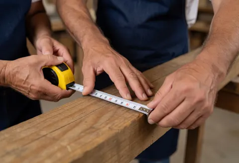 Close-up of hands using a yellow tape measure to check wood dimensions in a workshop setting