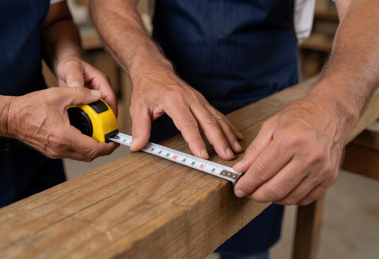 Close-up of hands using a yellow tape measure to check wood dimensions in a workshop setting