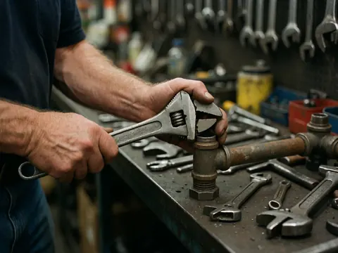 Close-up of worker hands using an adjustable wrench to tighten a rusty pipe in a hardware store workshop surrounded by tools