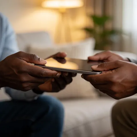 Two people exchange a tablet in a room with warm lighting, focusing on the hands and the device.