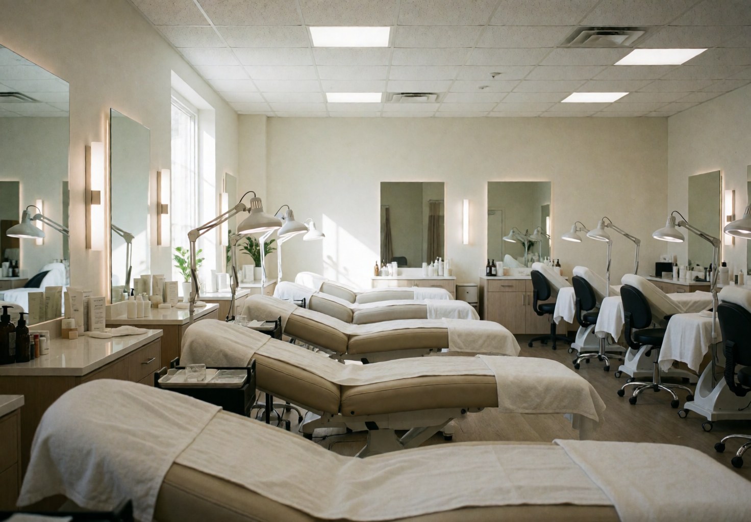 Empty aesthetic clinic interior featuring treatment beds, mirrors, and lighting in a clean professional environment