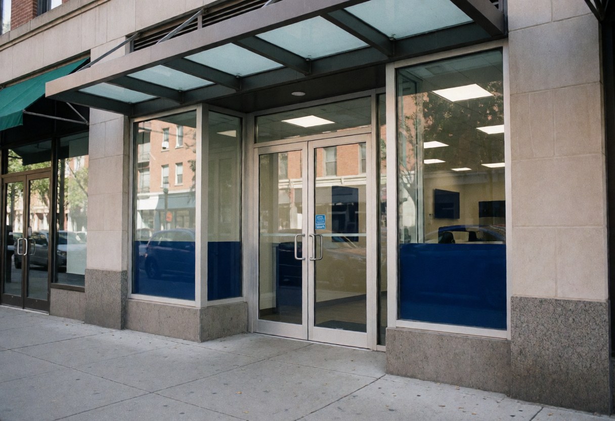 Modern storefront featuring reinforced glass security doors, a contemporary awning, and stone walls for a professional business exterior.