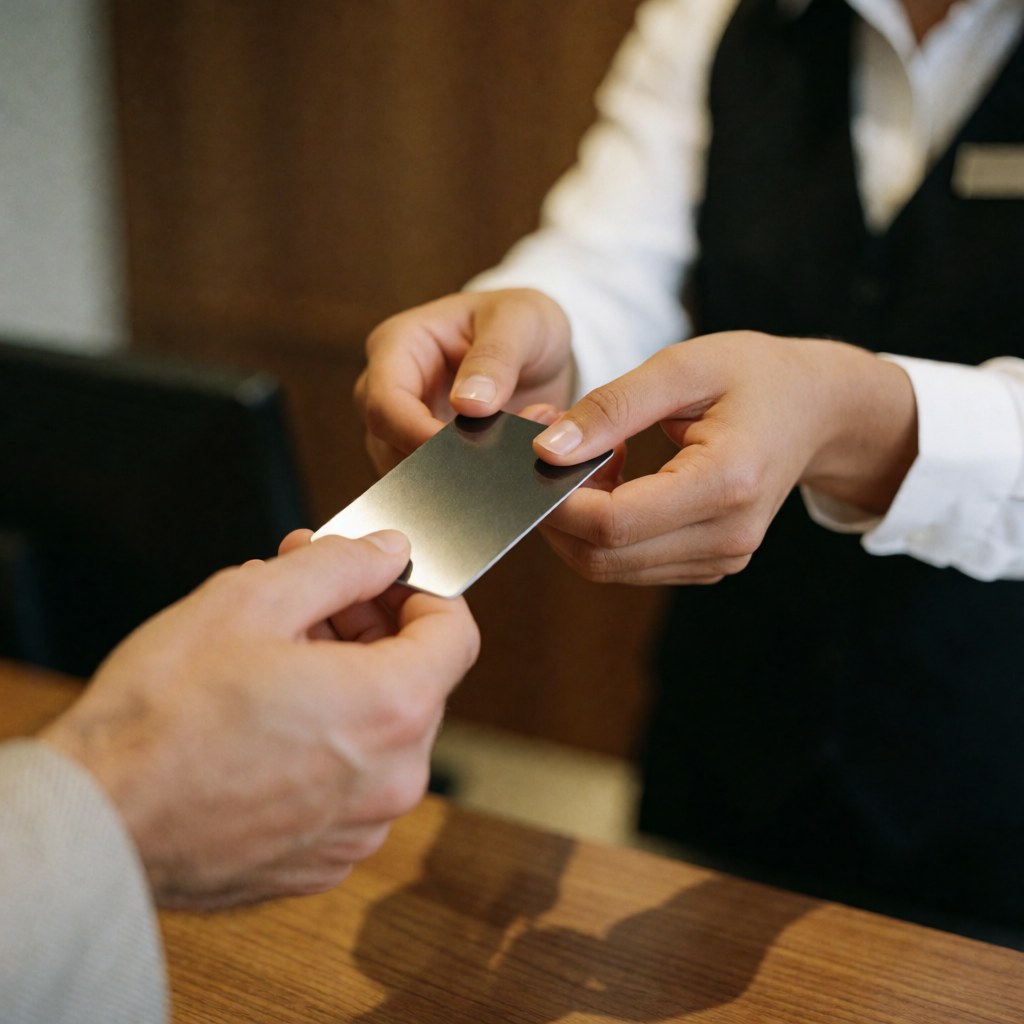 A hotel employee hands a room key to a guest at a wooden reception desk during check-in
