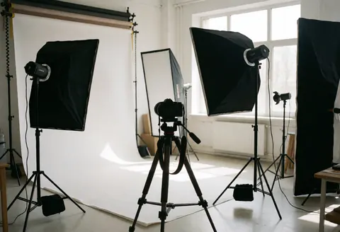 Empty photo studio with lights, tripods, and camera ready for professional sessions, lit by natural light.