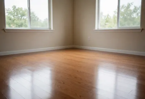 Spacious empty office featuring polished hardwood floors, bright natural light from windows, and light walls without furniture, ideal for cleaning services.