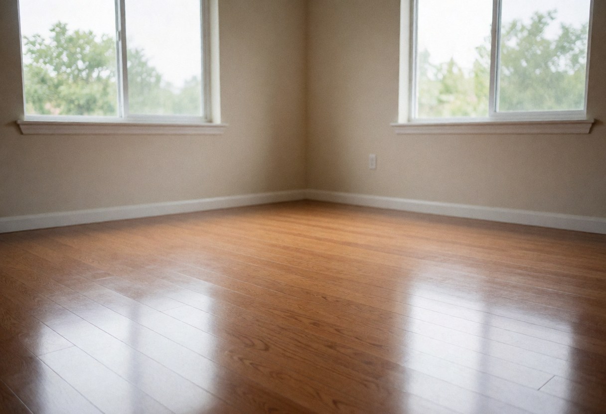 Spacious empty office featuring polished hardwood floors, bright natural light from windows, and light walls without furniture, ideal for cleaning services.