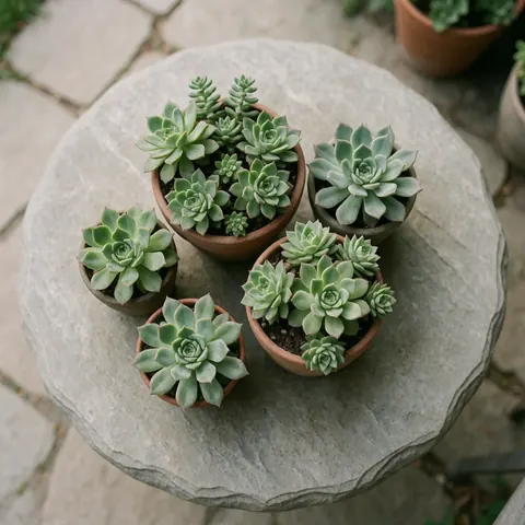Five succulents in terracotta pots on a gray stone in a patio.