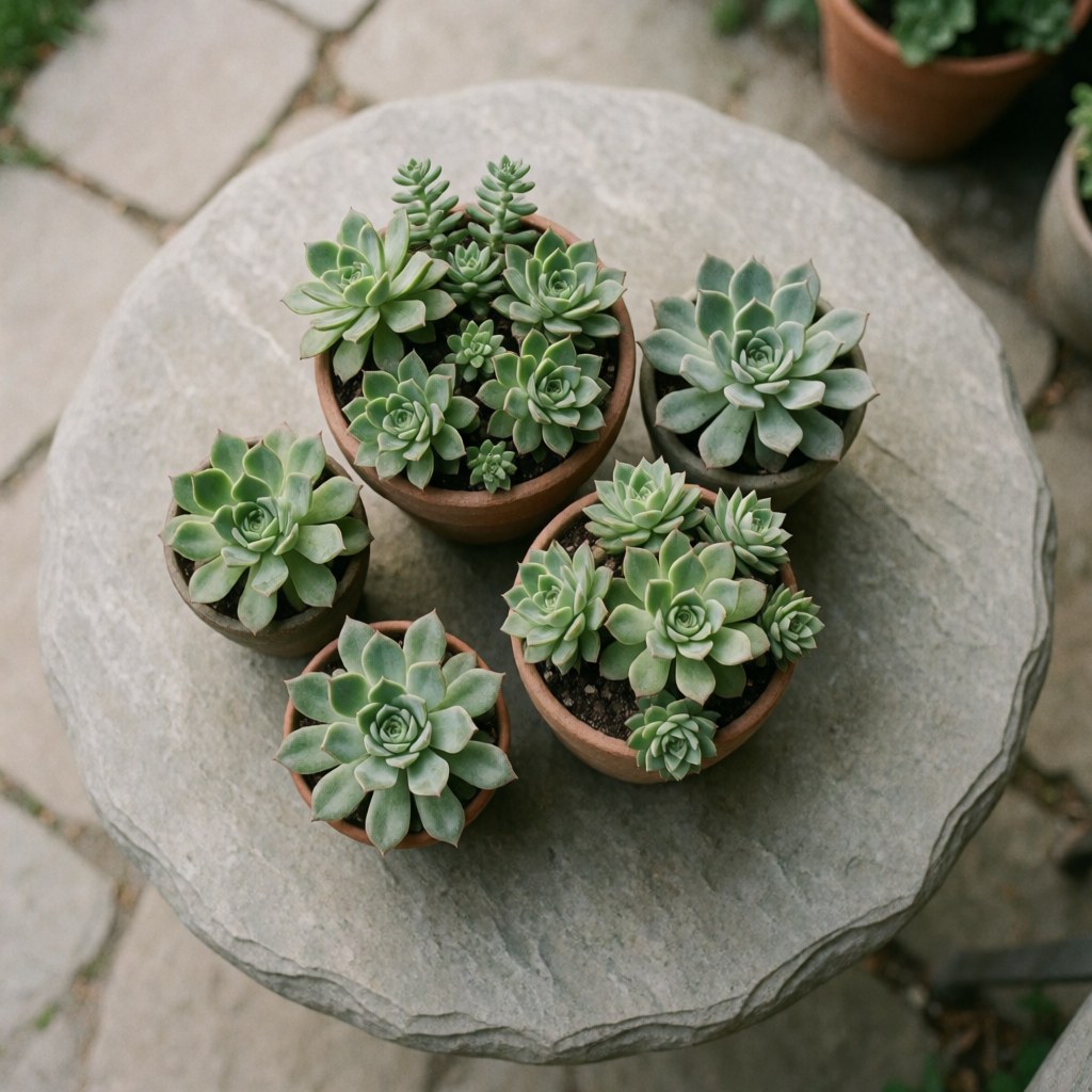 Five succulents in terracotta pots on a gray stone in a patio.