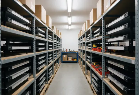 Warehouse aisle with metal shelves full of boxes and tools for solar panel installation.