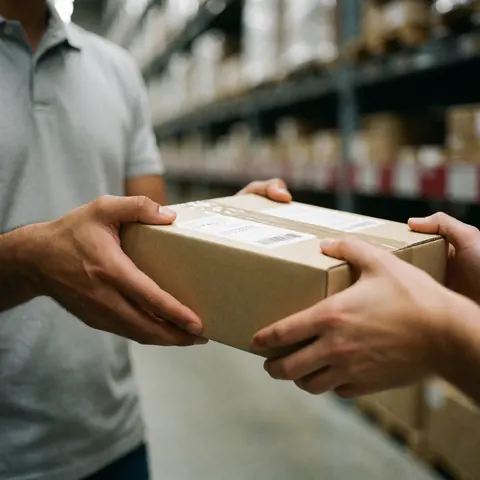 Two people exchange a cardboard package in a warehouse with shelves in the background.
