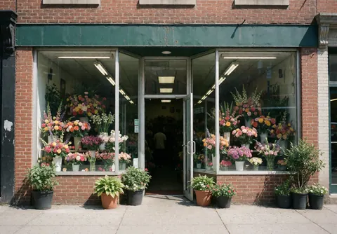 Bright flower shop exterior featuring large windows filled with colorful floral displays and potted plants under a green awning on a sunny day