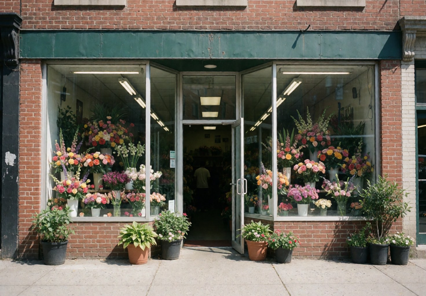 Bright flower shop exterior featuring large windows filled with colorful floral displays and potted plants under a green awning on a sunny day