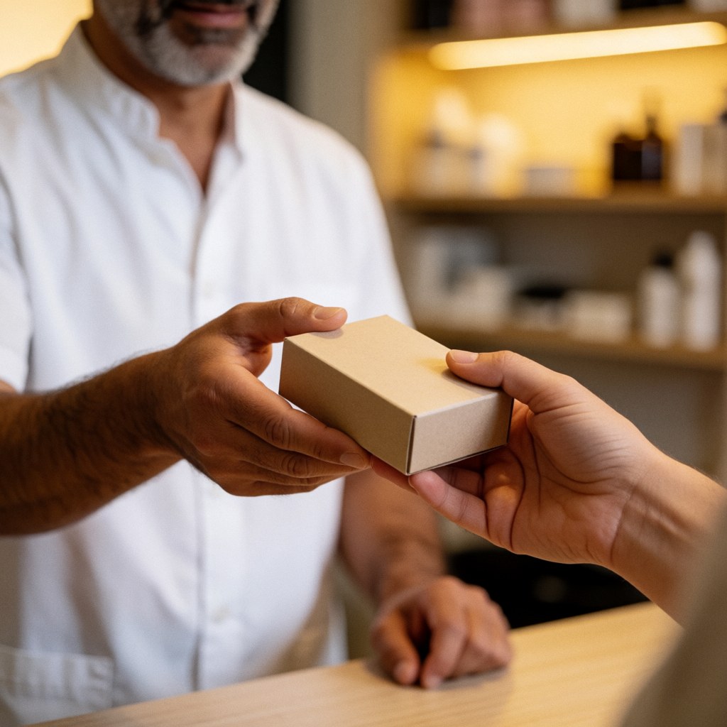 A man hands a box of nail care products to a customer in a salon with product shelves in the background