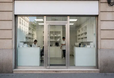 Two people inside a pharmacy, one behind a counter and one walking, with medicine shelves visible.