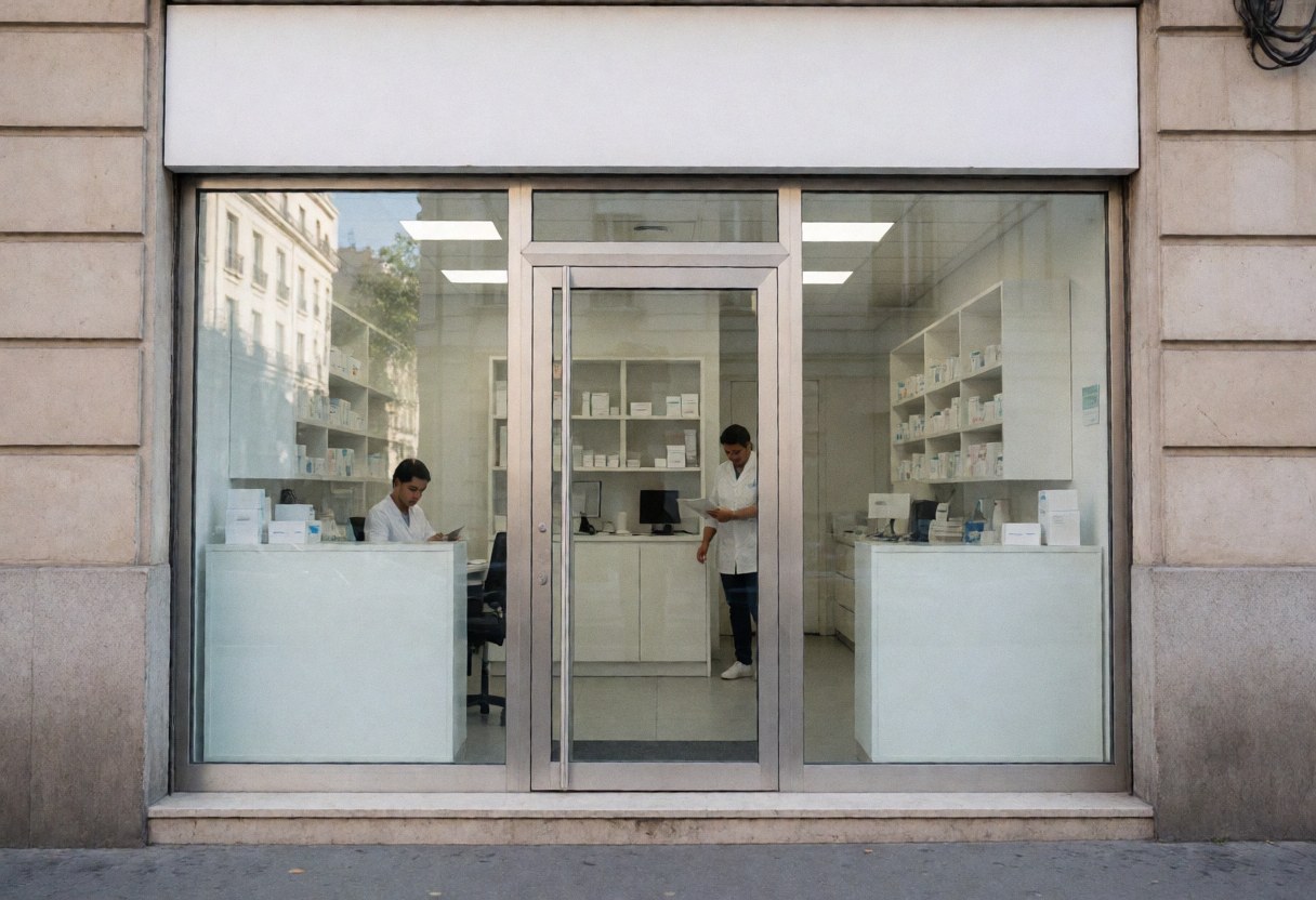 Two people inside a pharmacy, one behind a counter and one walking, with medicine shelves visible.