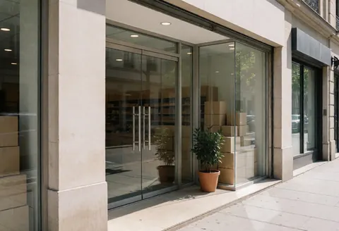 Exterior view of a psychology clinic entrance featuring glass doors, a potted plant, and reflections of the surrounding street.
