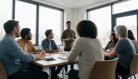 A group of professionals in a work meeting in a room with large windows.