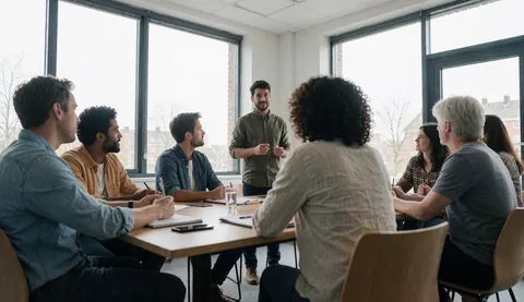 A group of professionals in a work meeting in a room with large windows.